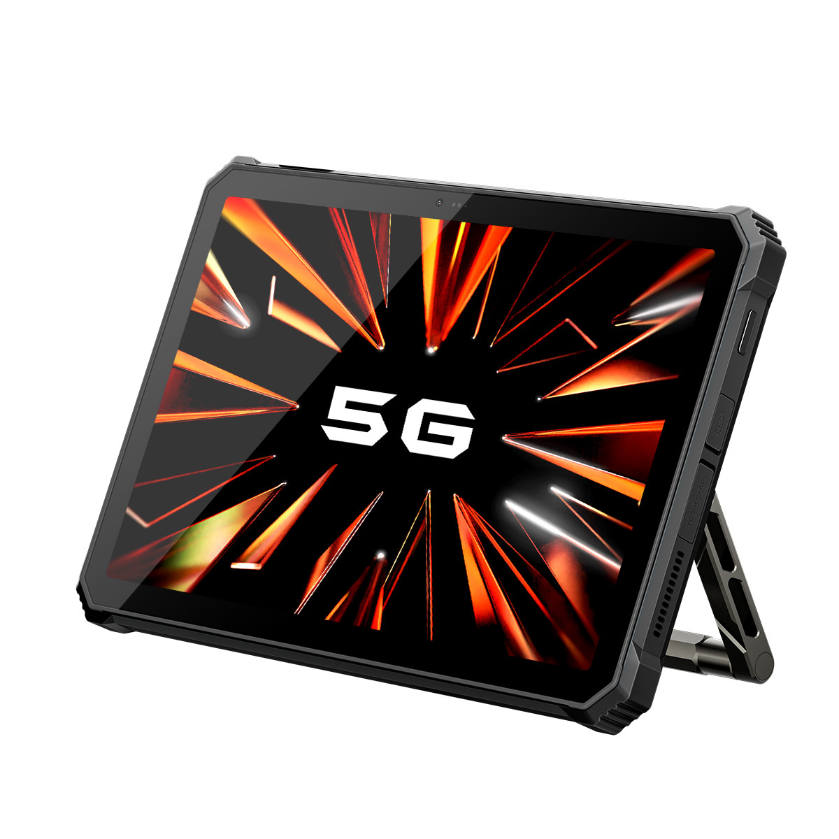 Tablet nero con custodia robusta, mostra '5G' su sfondo astratto arancione e nero vibrante.