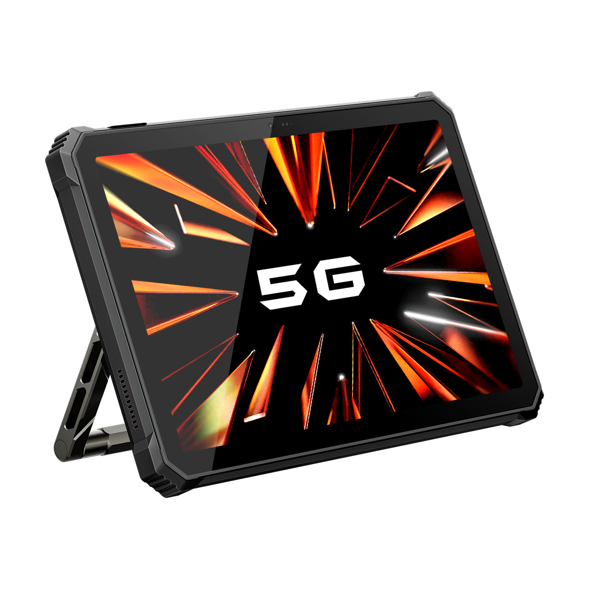 Tablet robusto con logo 5G su sfondo astratto. Montato su supporto.