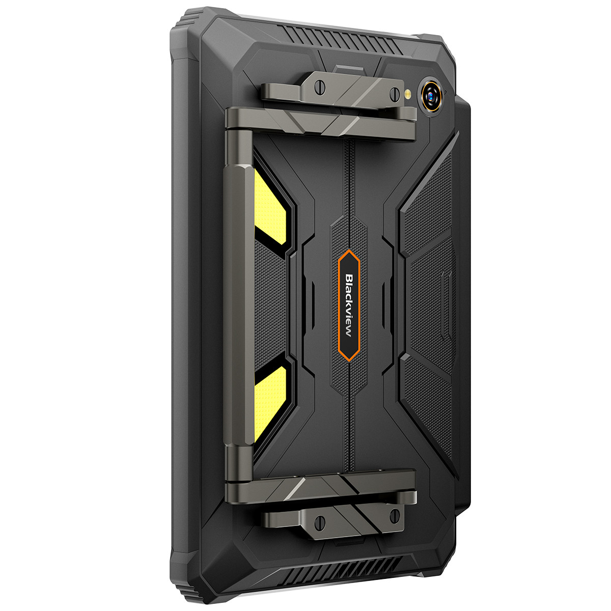Robusto tablet Blackview nero con supporto e accenti gialli.