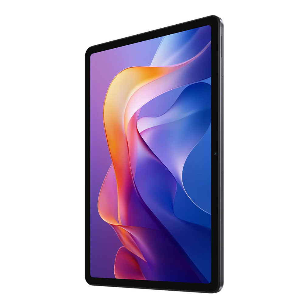 Un tablet scuro con uno sfondo astratto e colorato. Vista laterale.