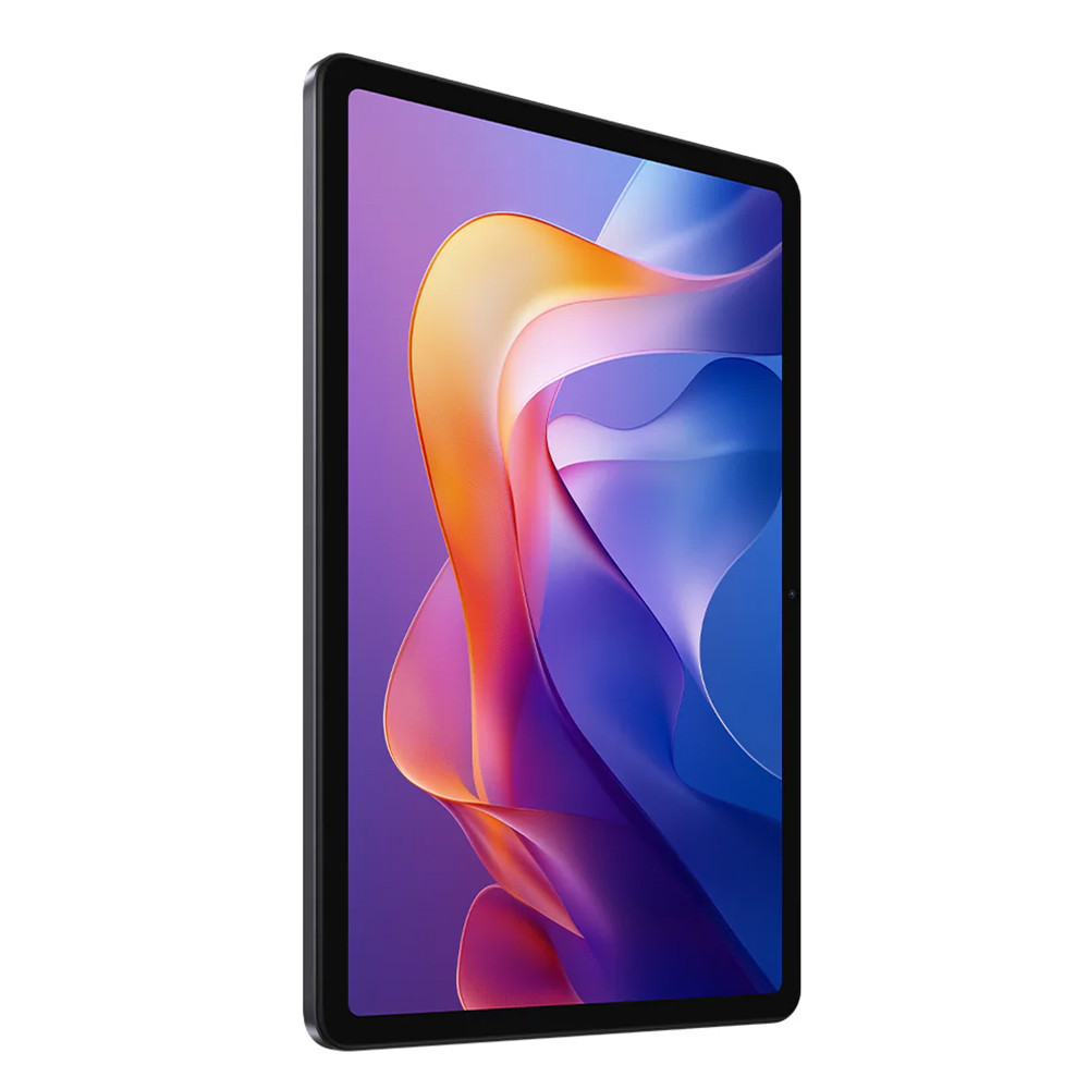Un tablet nero con uno sfondo astratto e vibrante sul suo schermo.