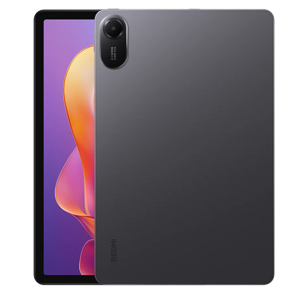 Un tablet grigio con obiettivo fotocamera e sfondo viola sullo schermo.