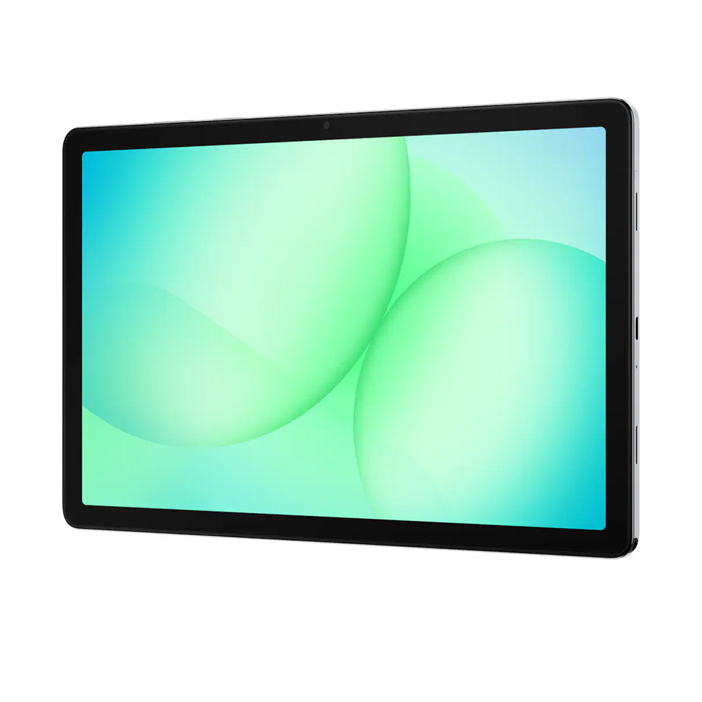 Un tablet nero con un'immagine di sfondo verde chiaro e turchese.