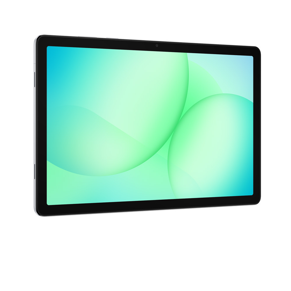 Un tablet argentato con cornice nera mostra uno sfondo blu e verde.