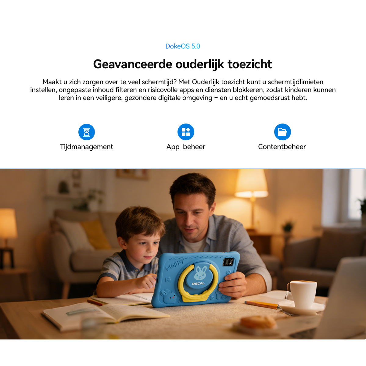 Man en kind gebruiken blauw tablet met ouderlijk toezicht. Boven: tijd, app, content iconen.