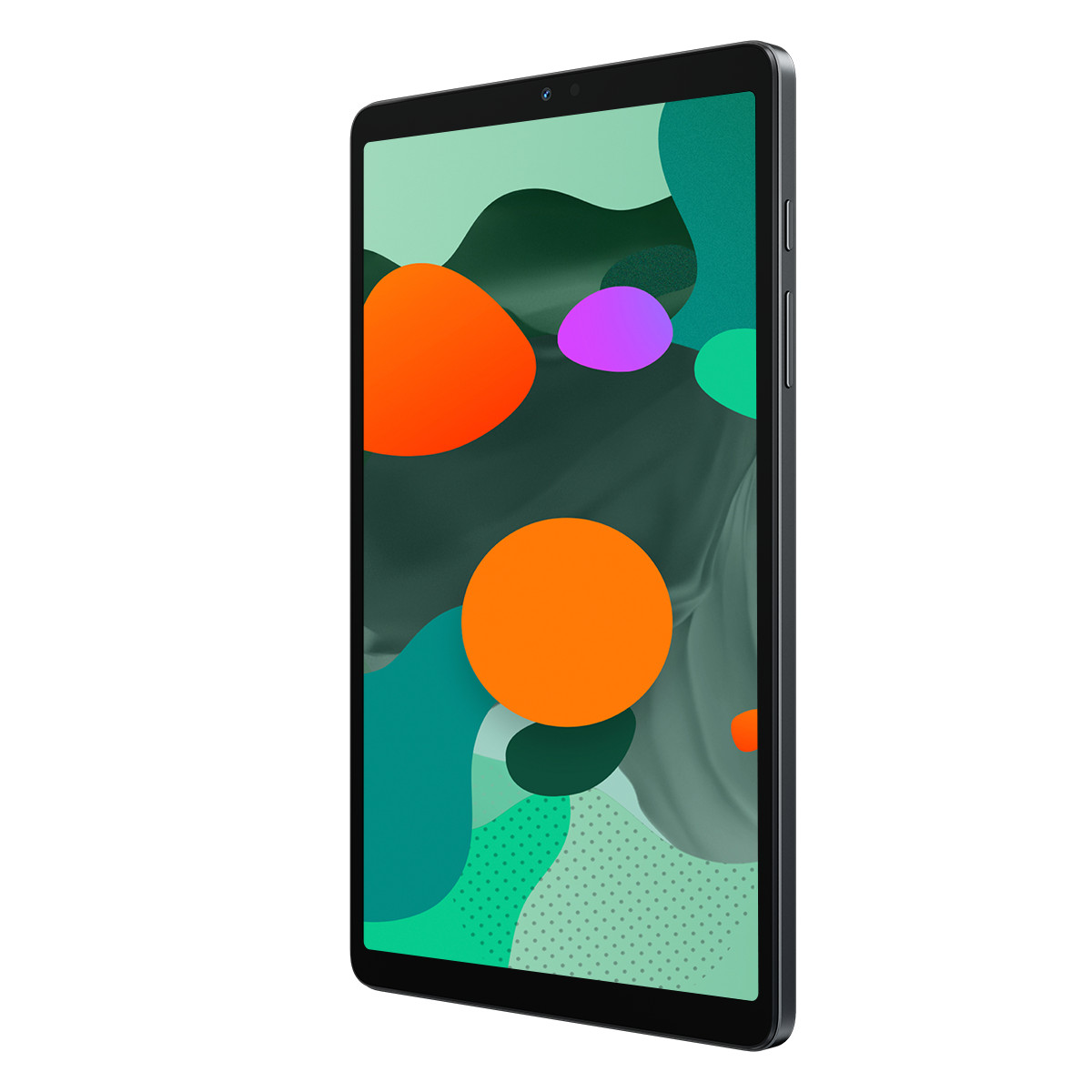 Un tablet nero con una grafica astratta colorata sullo schermo.