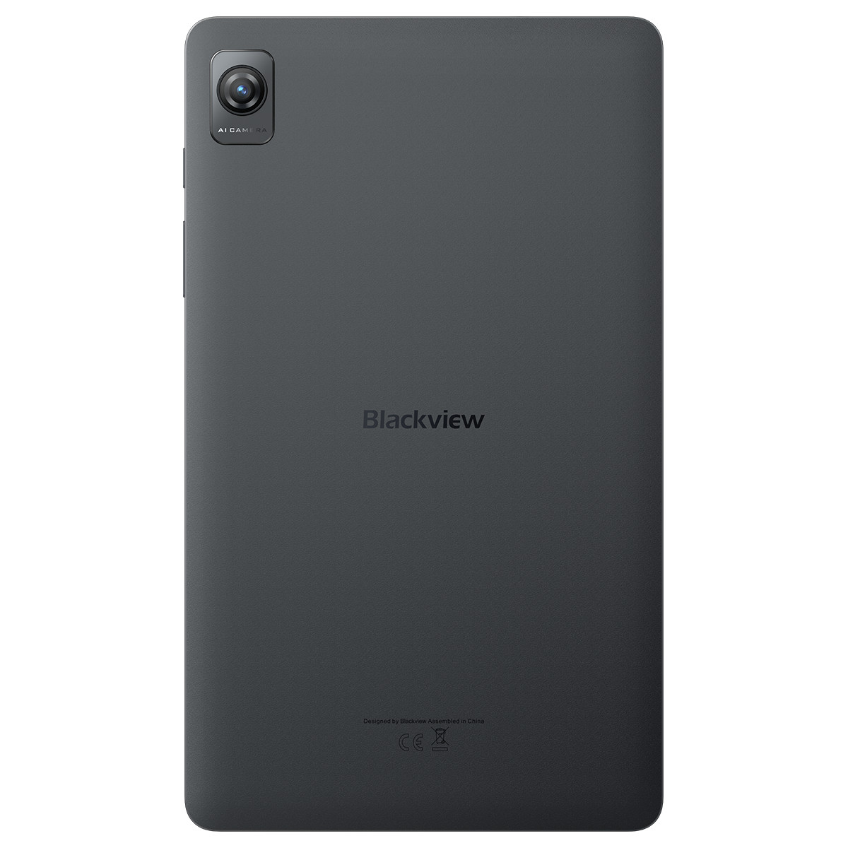 Retro di un tablet grigio scuro con testo AI CAMERA e lente fotocamera.