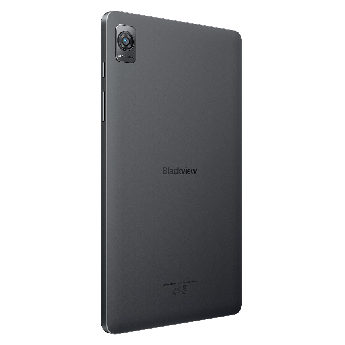 Un tablet Blackview grigio è mostrato di retro, con il modulo fotocamera in alto a sinistra.