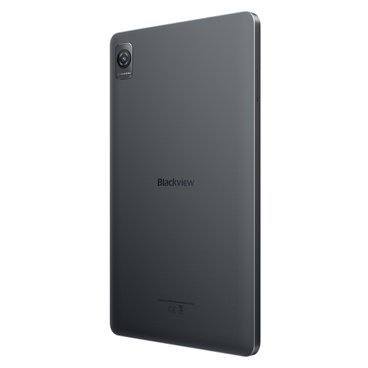 Retro di un tablet Blackview grigio con obiettivo della fotocamera e logo.
