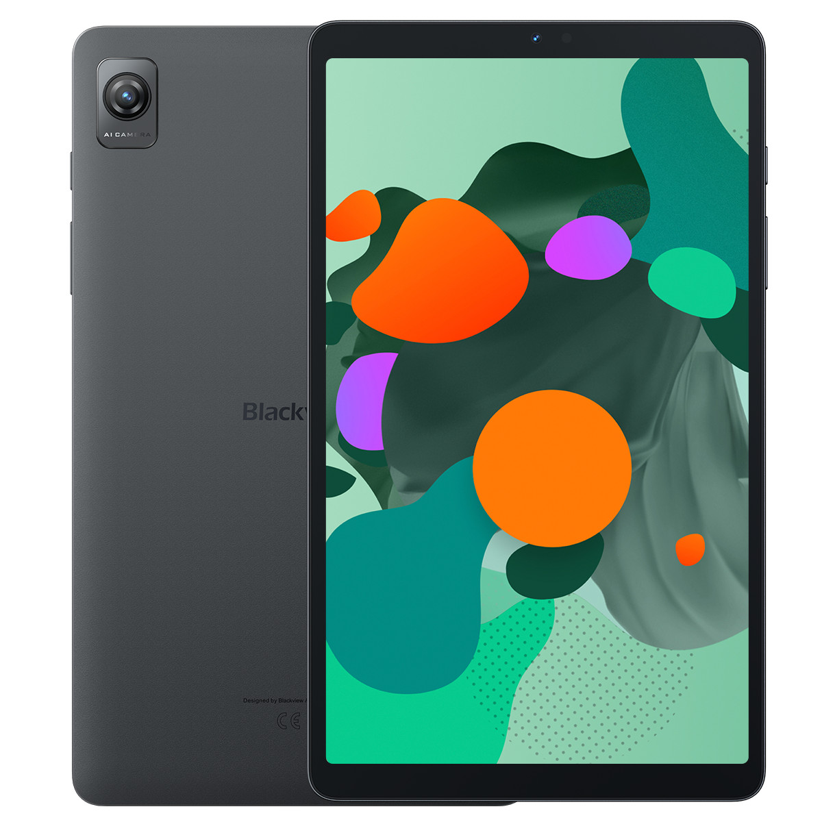 Un tablet grigio con fotocamera AI sul retro e schermo colorato.