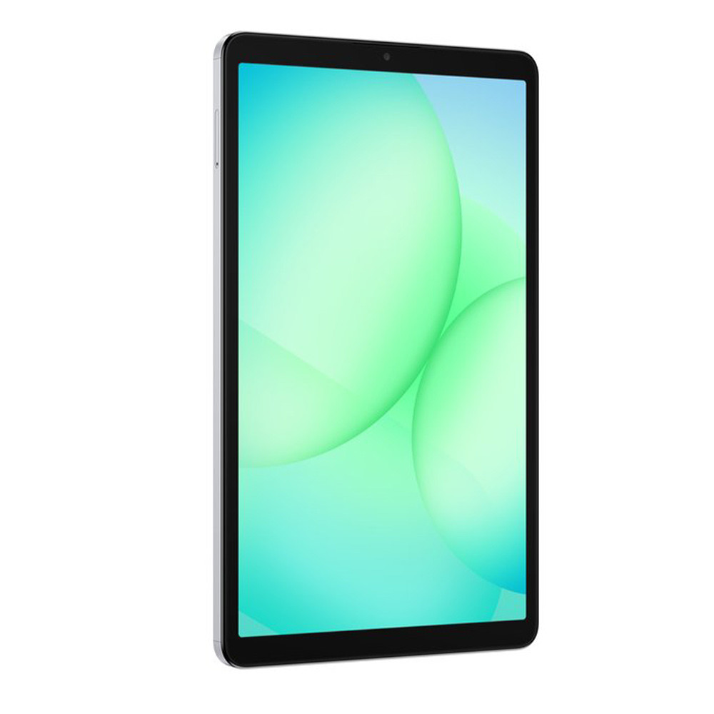Un tablet argentato con uno sfondo verde e turchese. È mostrato su sfondo bianco.