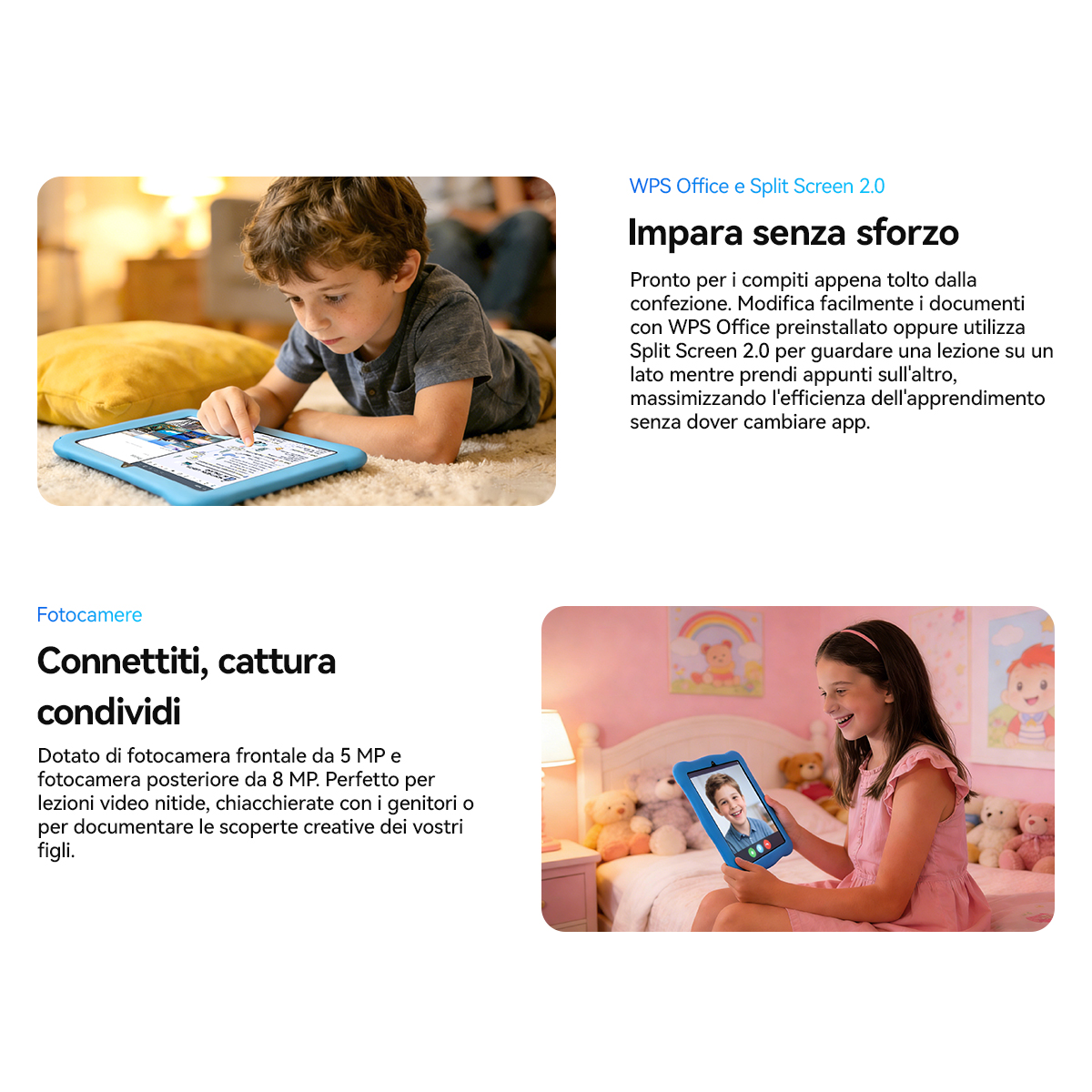 Ragazzo su tappeto usa tablet. Ragazza con tablet seduta su letto. Guardano schermi.