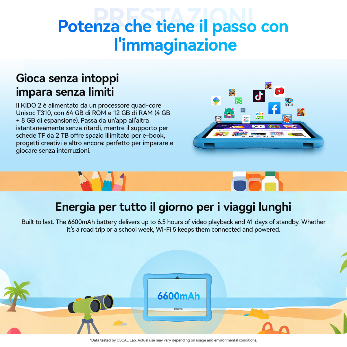 Tablet blu con app, matite, binocolo e spiaggia sullo sfondo.
