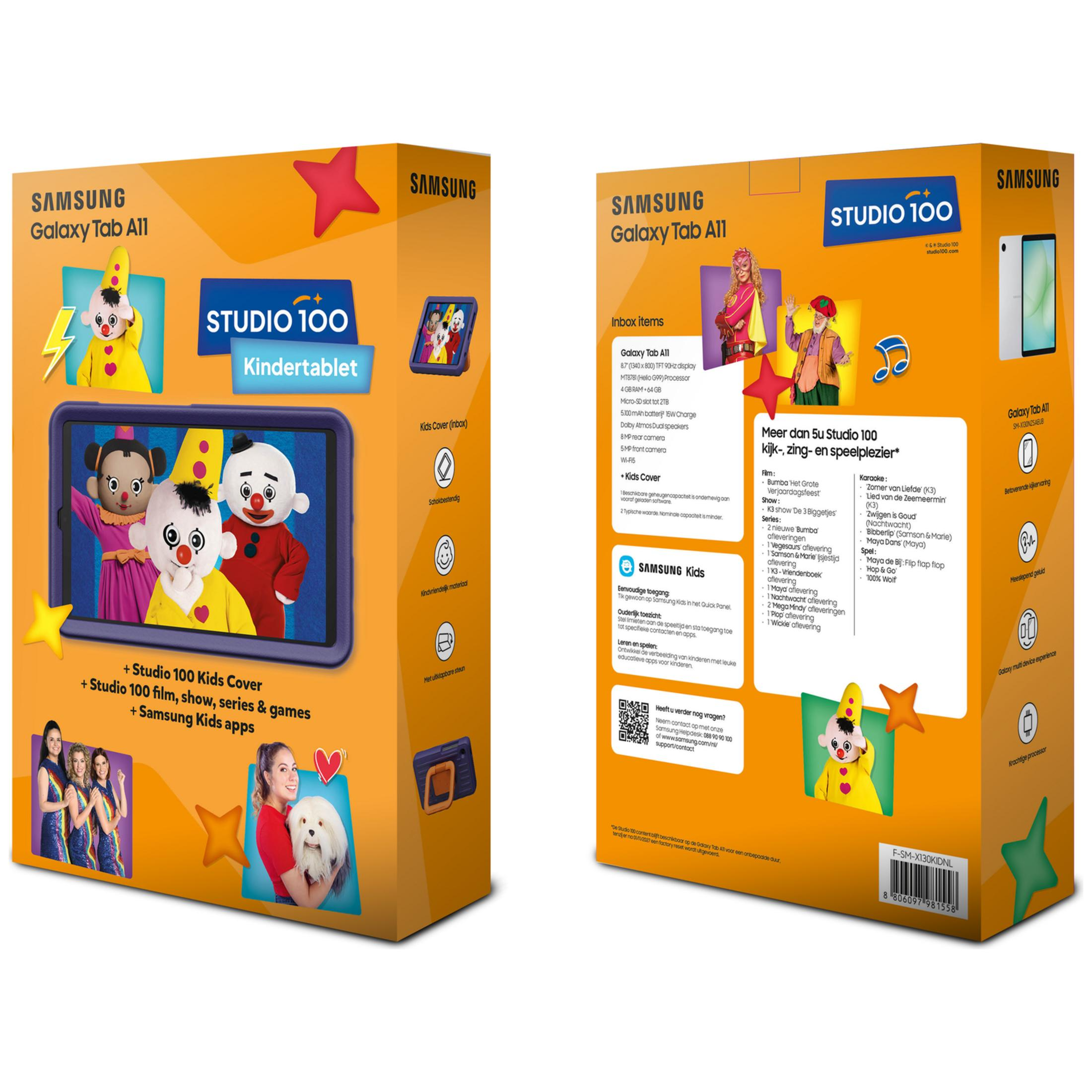 Samsung Galaxy Tab A11 con Samsung Kids Cover. Mostra personaggi e dettagli del prodotto.