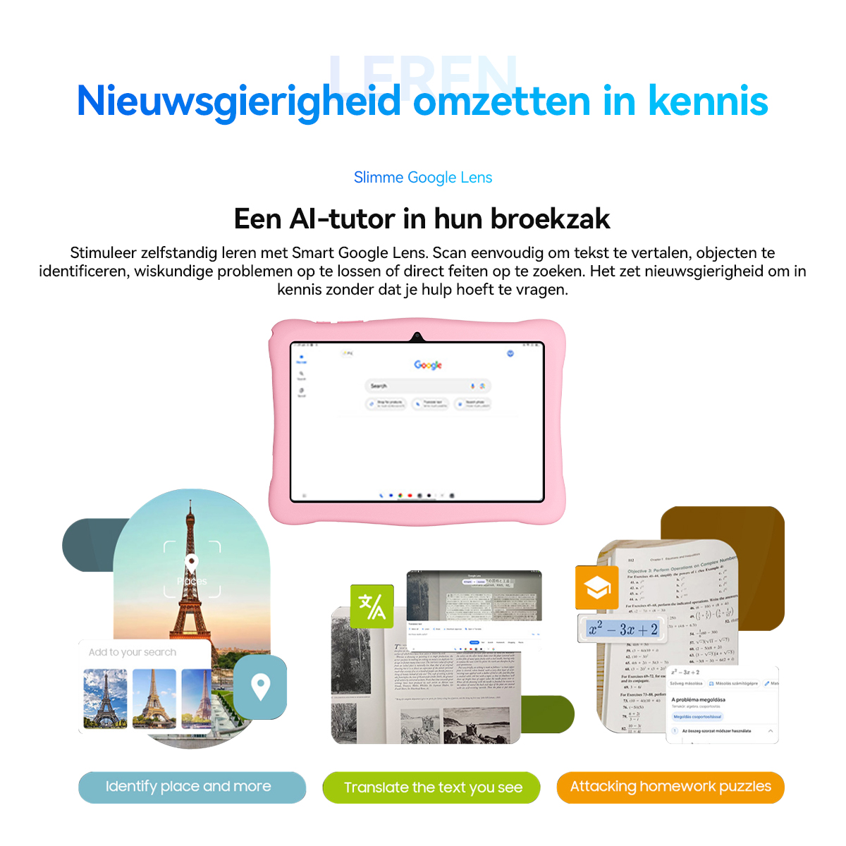 Een roze tablet toont Google zoeken. Daarnaast beelden van de Eiffeltoren, boekpagina's en rekenopgaven.