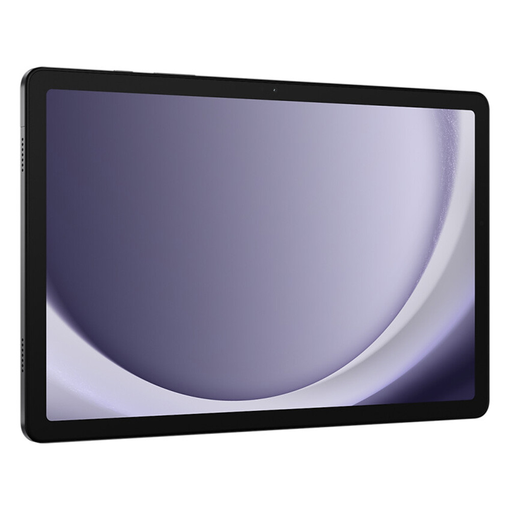 Un tablet nero con uno sfondo astratto viola e grigio sul suo schermo.