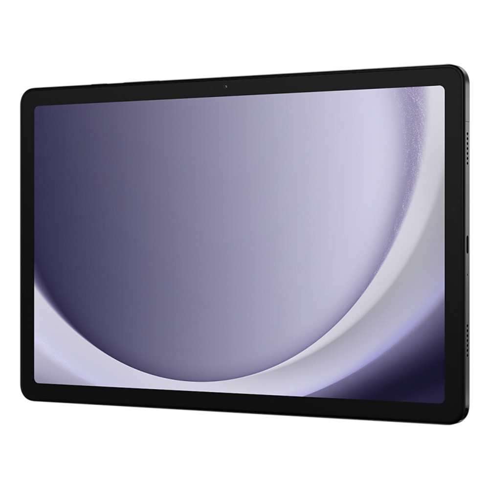 Un tablet nero mostra una grafica viola e bianca sullo schermo.