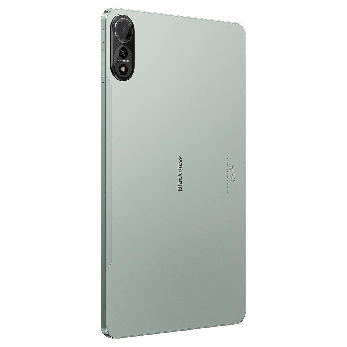 Retro di un tablet verde chiaro con due fotocamere e il logo Blackview.