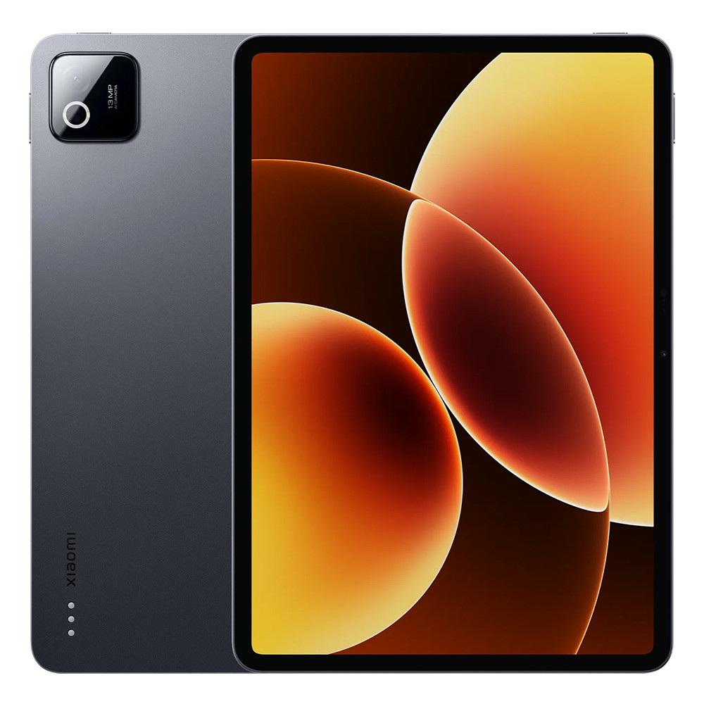 Un tablet Xiaomi grigio con un rigonfiamento della fotocamera e uno sfondo di forme astratte arancioni e gialle.