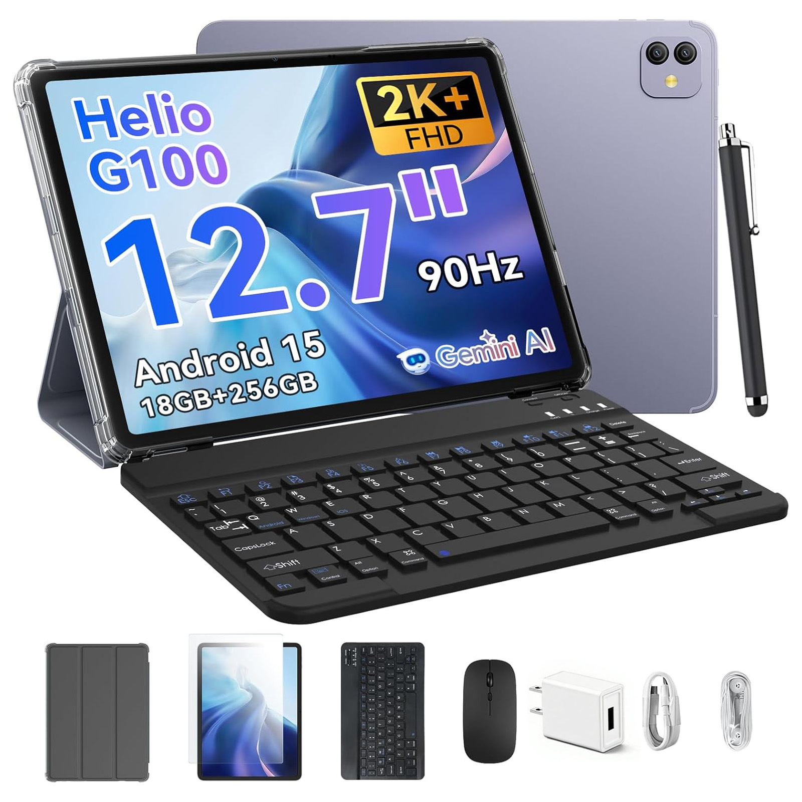 Ein Tablet mit Tastatur, Stift, Maus und Ladegerät.