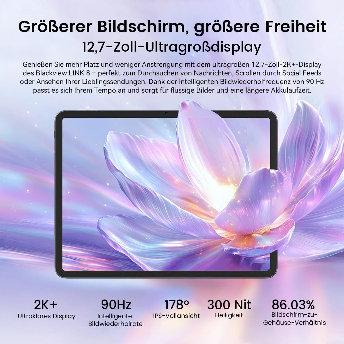 Tablet mit großem 12,7-Zoll-Display, zeigt eine stilisierte Blume.