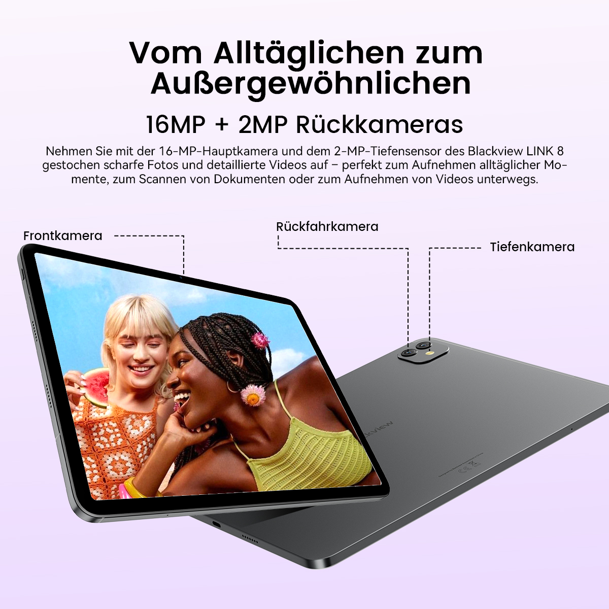 Ein Tablet mit zwei Frauen auf dem Bildschirm, Rückseite mit zwei Kameras.