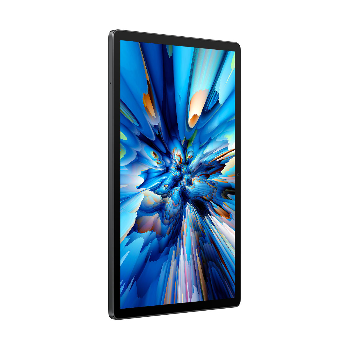 Un tablet nero che visualizza un'immagine di sfondo astratta blu e arancione.