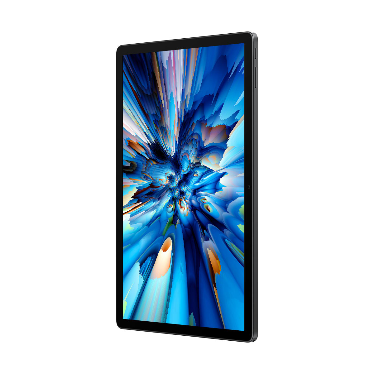 Un tablet nero con uno sfondo astratto blu vibrante. Sfondo bianco.