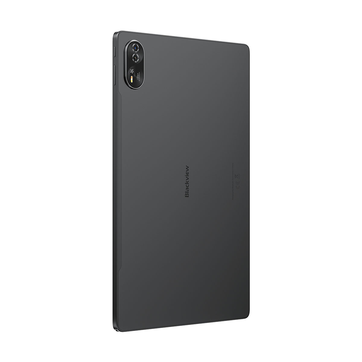 Un tablet scuro con due fotocamere e il logo Blackview sul retro.