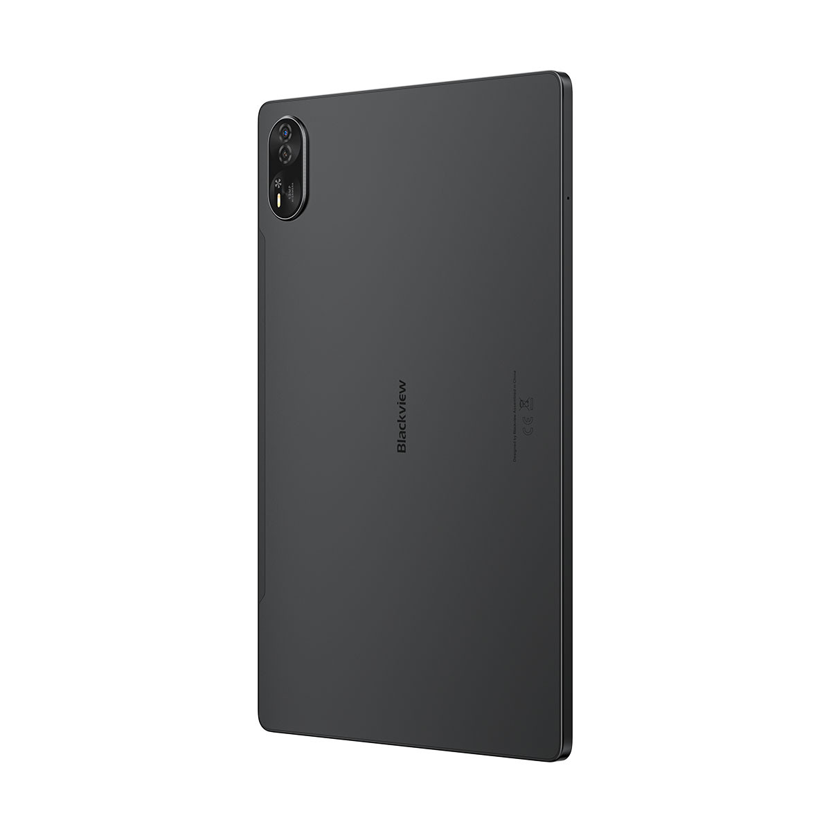 Un tablet nero con doppia fotocamera sul retro. Il logo Blackview è visibile.