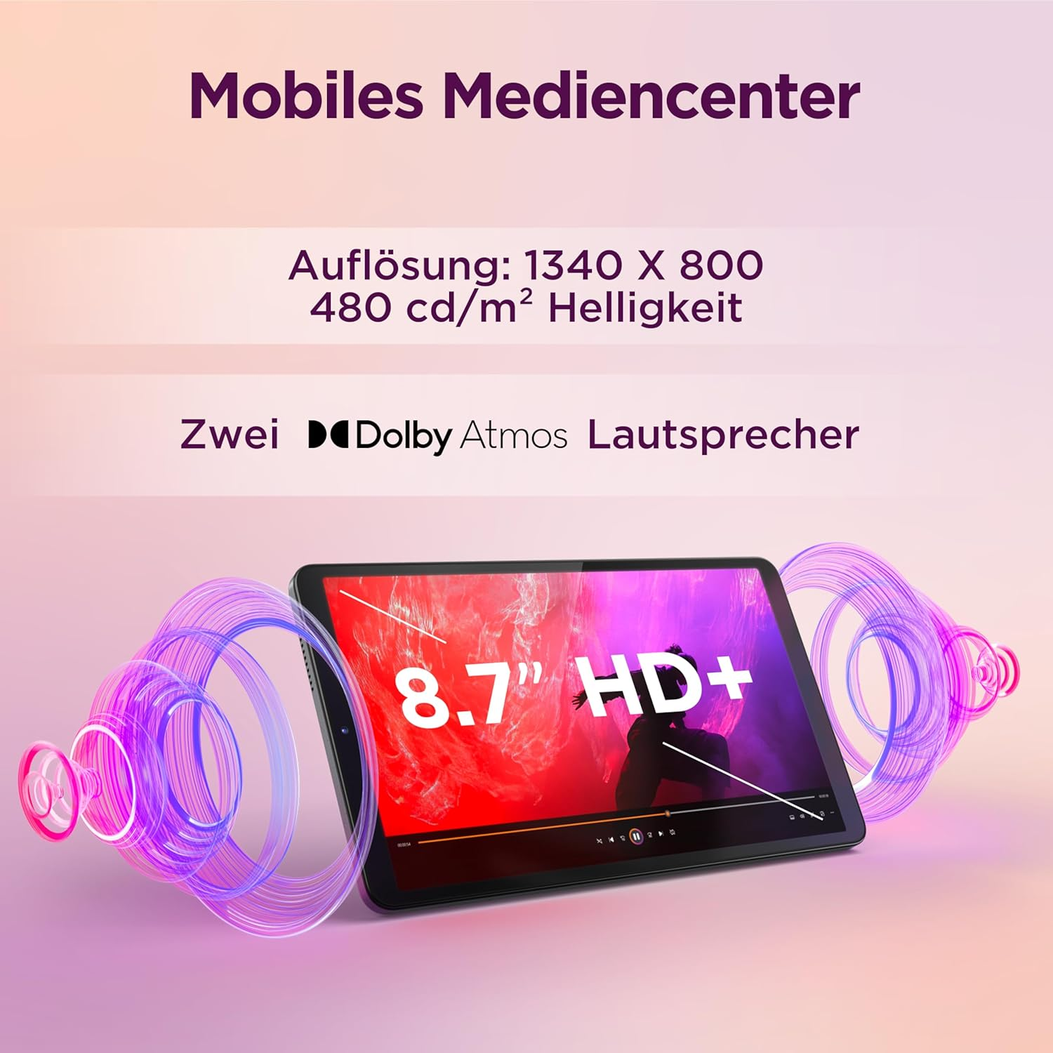 Un tablet con display HD+ da 8,7 pollici e due altoparlanti Dolby Atmos.
