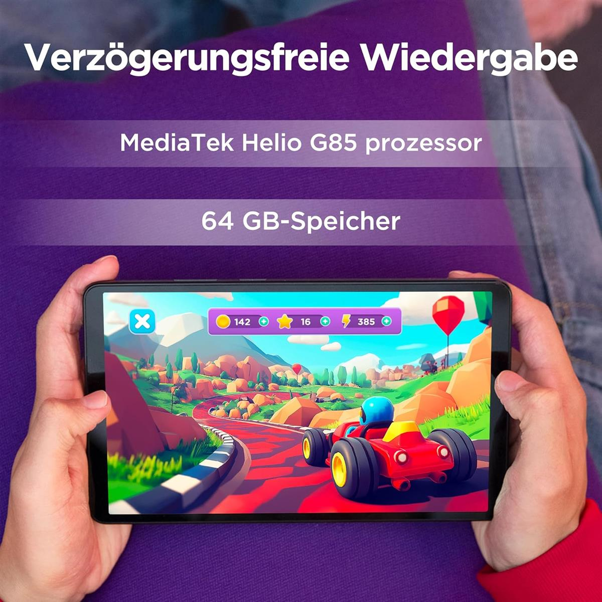Tablet zeigt ein buntes Rennspiel mit einem roten Auto. Text erwähnt Prozessor und Speicher.