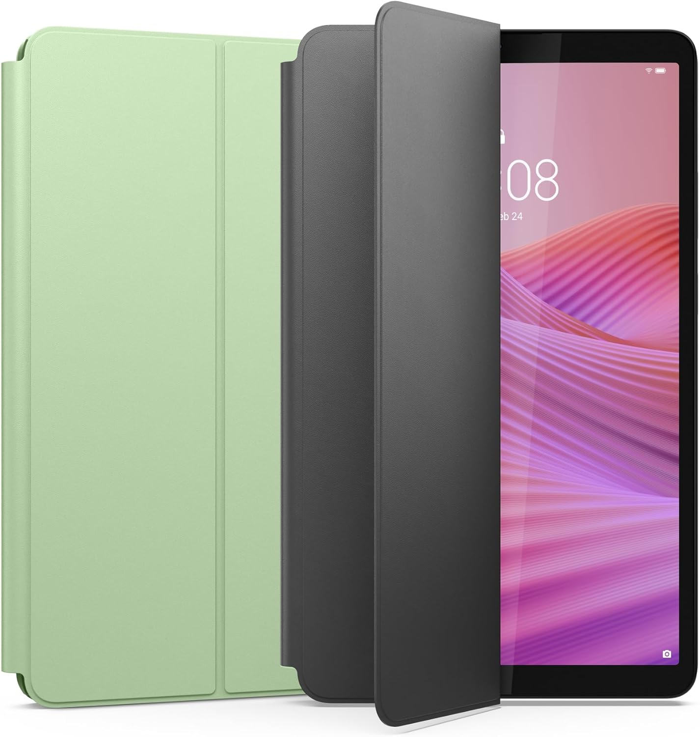 Ein Tablet mit hellgrüner und grauer Schutzhülle, das auf einem weißen Hintergrund liegt.