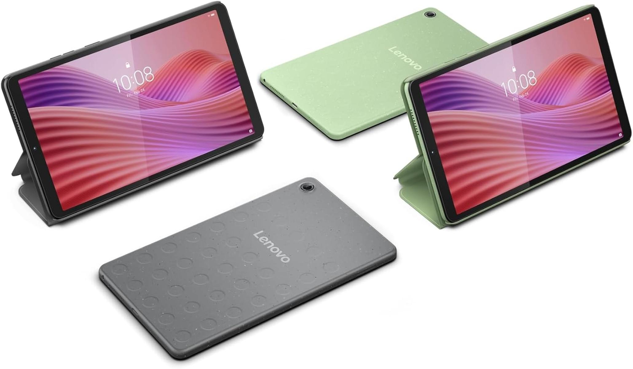 Drei Lenovo Tablets in Grün und Grau mit Hüllen, eins mit Ständer.