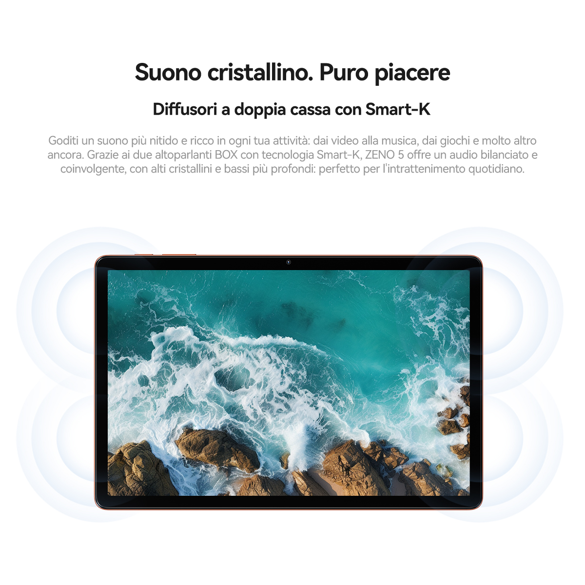 Un tablet mostra una scena di oceano in tempesta con rocce.