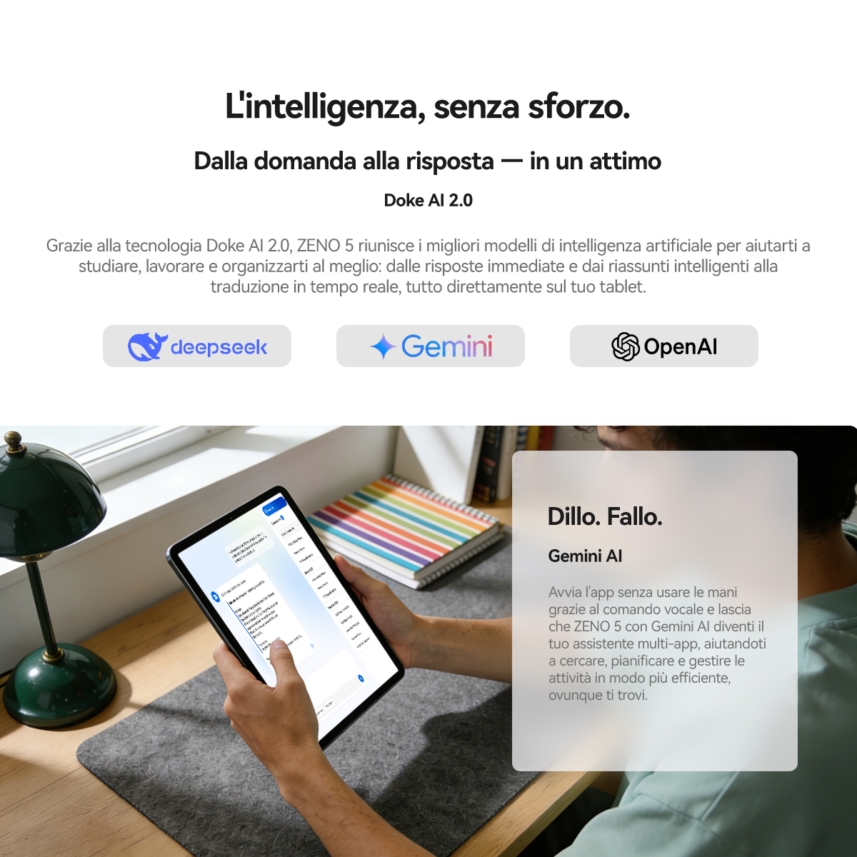 Tablet con testo IA, mani che digitano. Loghi: Deepseek, Gemini, OpenAI.