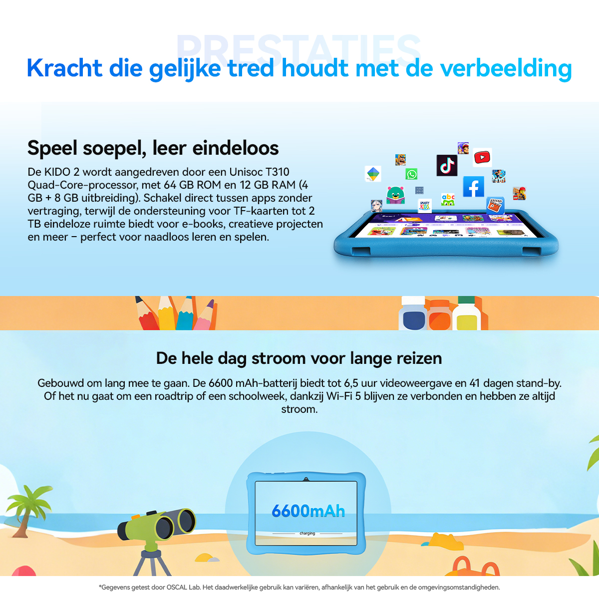 Een blauwe tablet met apps en een andere tablet met 6600mAh op strandachtergrond.