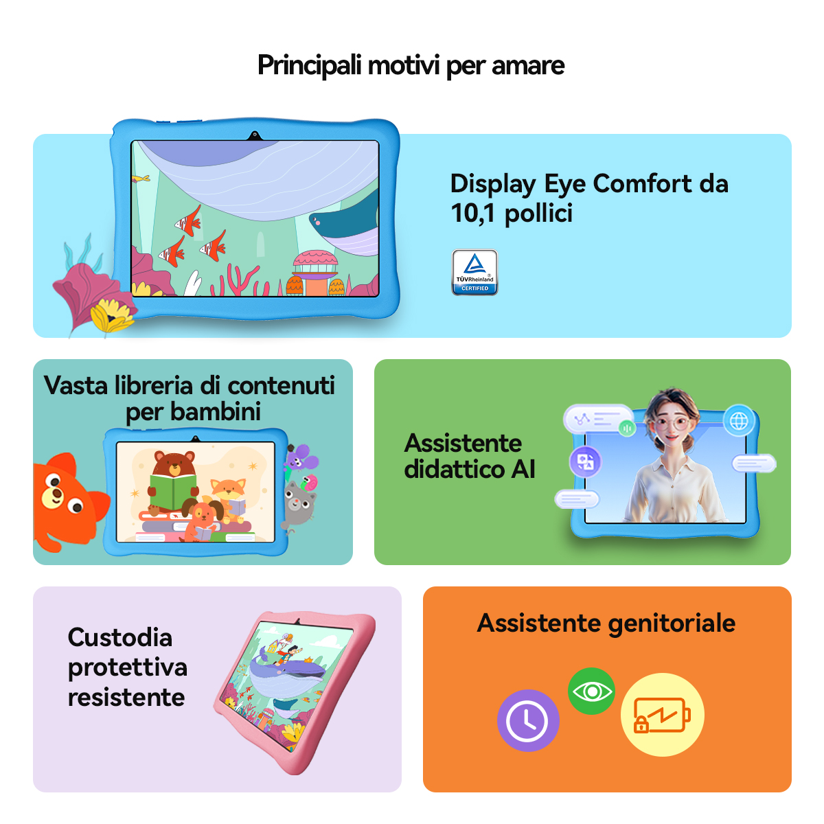 Funzionalità tablet: Schermo Eye Comfort, libreria bambini, tutor IA, custodia, controllo parentale.