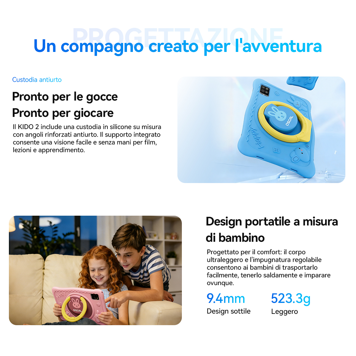 Una custodia blu per tablet per bambini con design a coniglio e manico.