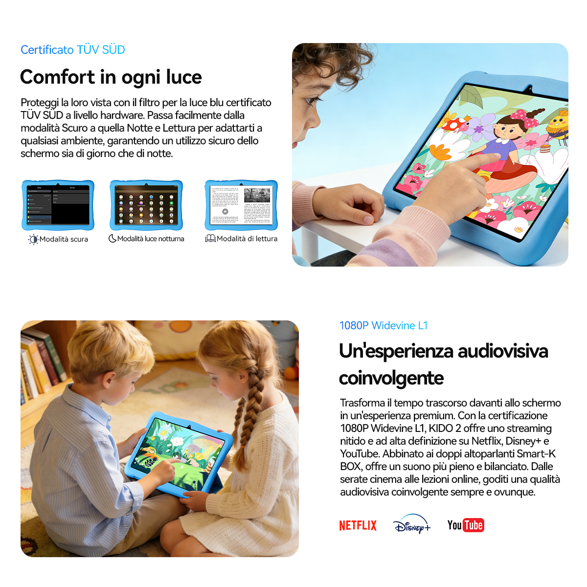 Un bambino usa un tablet blu con un gioco. Bambini guardano un tablet.