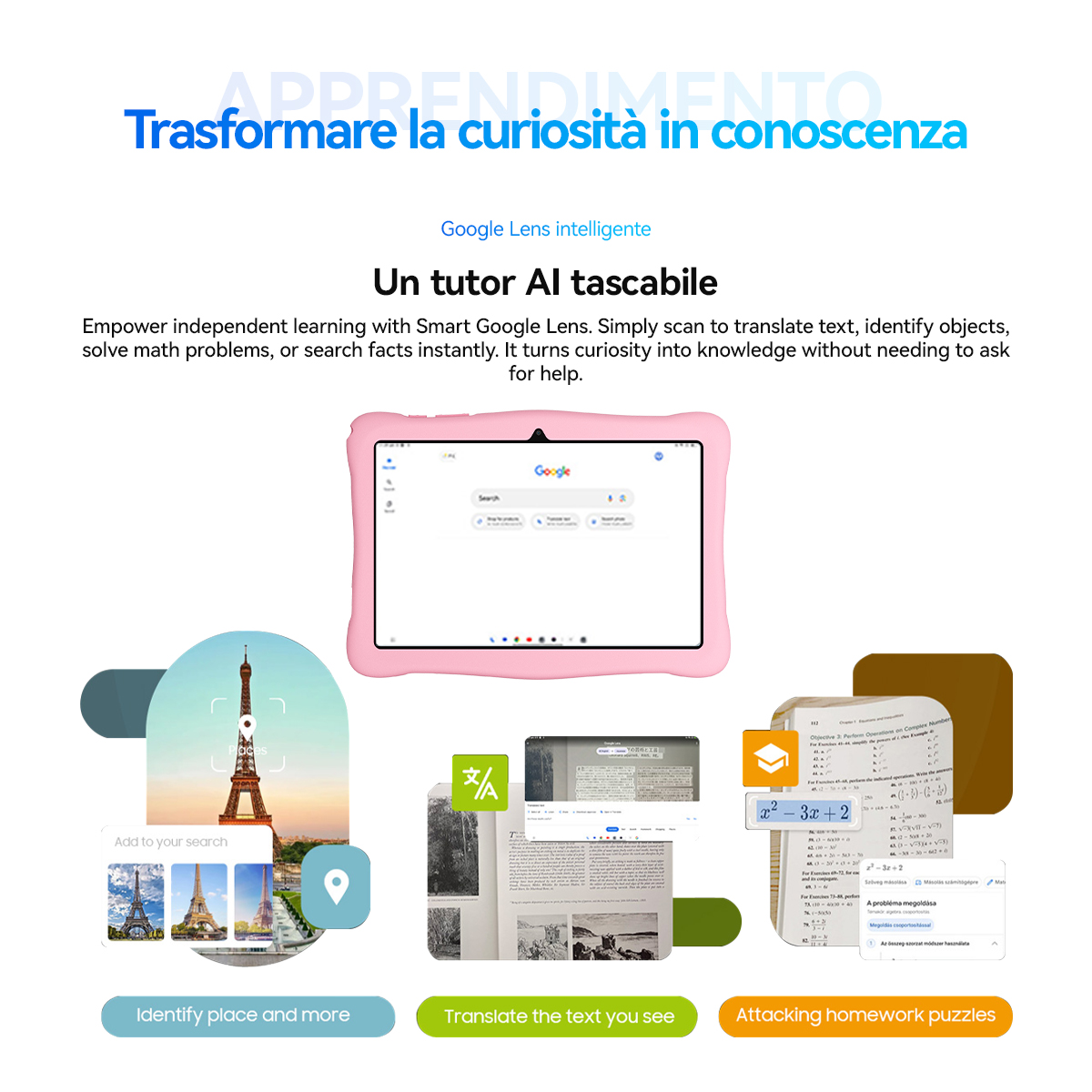 Un tablet con Google Lens mostra la ricerca della Torre Eiffel, la traduzione di testo e problemi matematici.