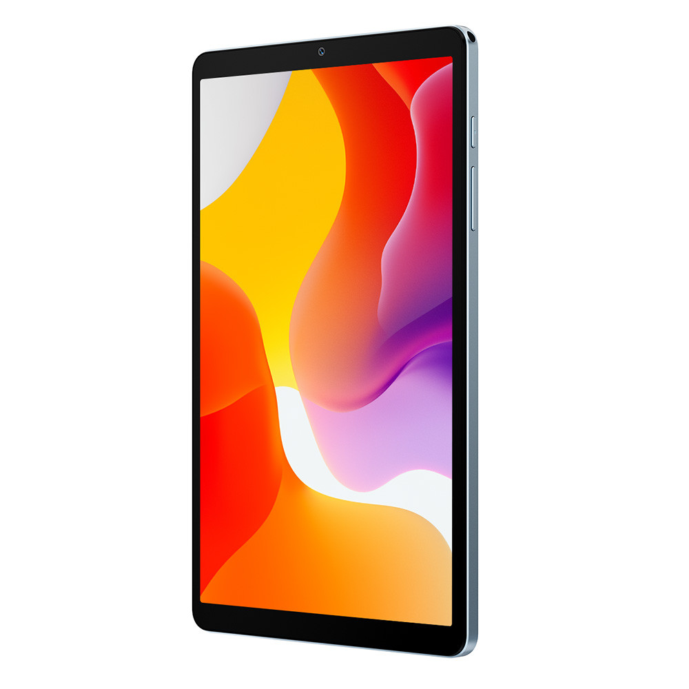 Un tablet azzurro con uno sfondo astratto e colorato sullo schermo.