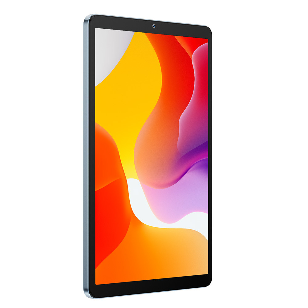 Un tablet azzurro con uno sfondo astratto e colorato sullo schermo.