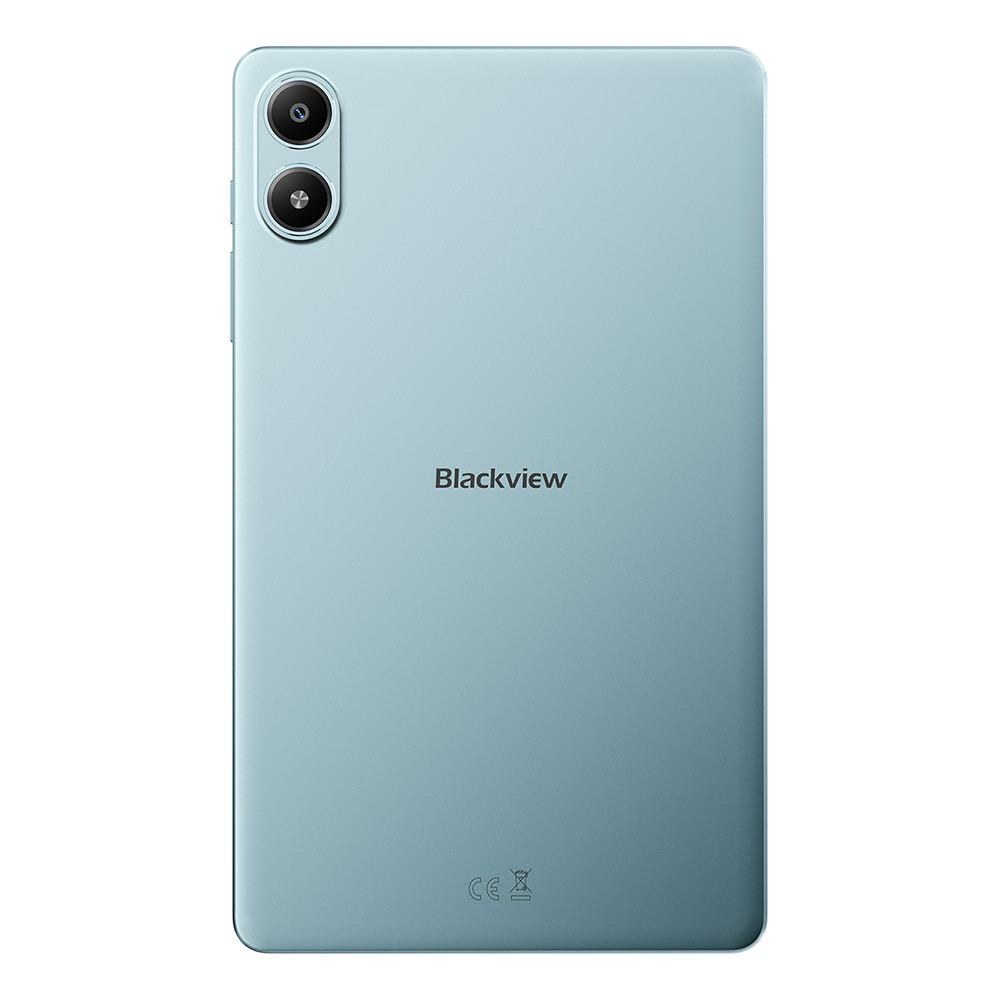 Retro di un tablet azzurro con due fotocamere e logo Blackview.