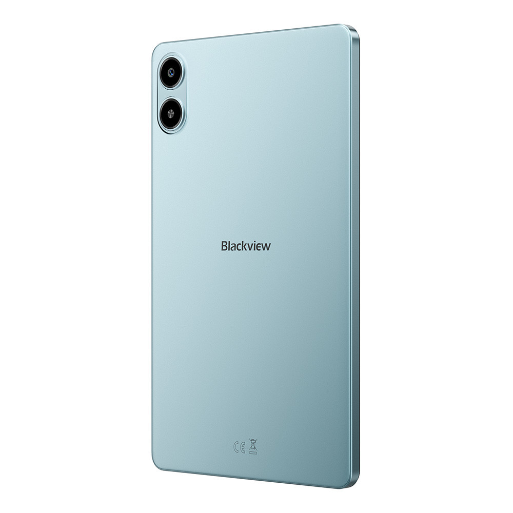 Retro di un tablet Blackview azzurro con due fotocamere e marchio CE.