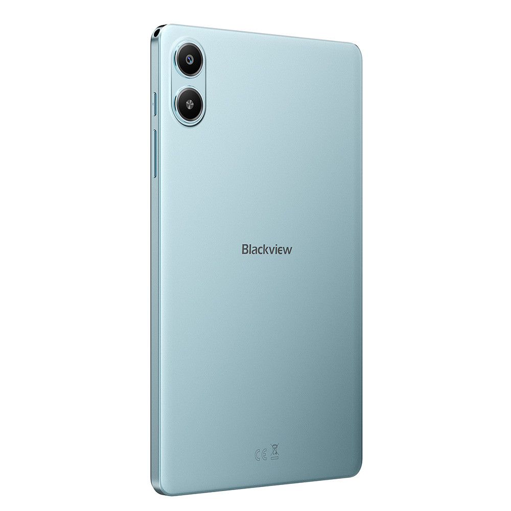 Retro di un tablet azzurro con doppia fotocamera e logo Blackview.