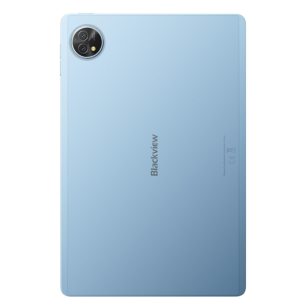 Retro di un tablet azzurro con doppia fotocamera e logo Blackview.