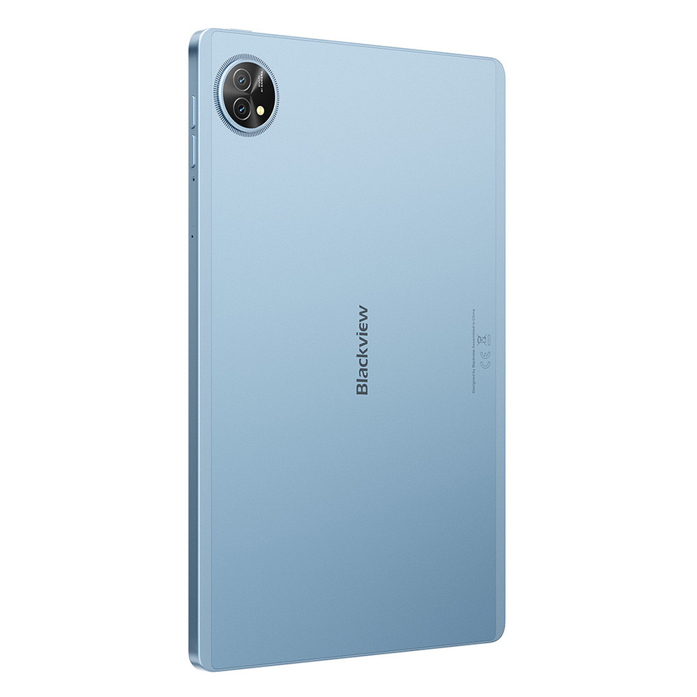 Retro di un tablet Blackview blu con due fotocamere e marchio.