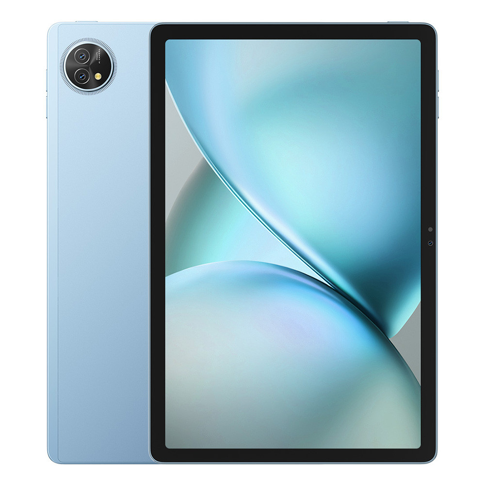 Un tablet azzurro con fotocamera a doppio obiettivo sul retro. Lo schermo mostra una sfumatura blu e bianca.