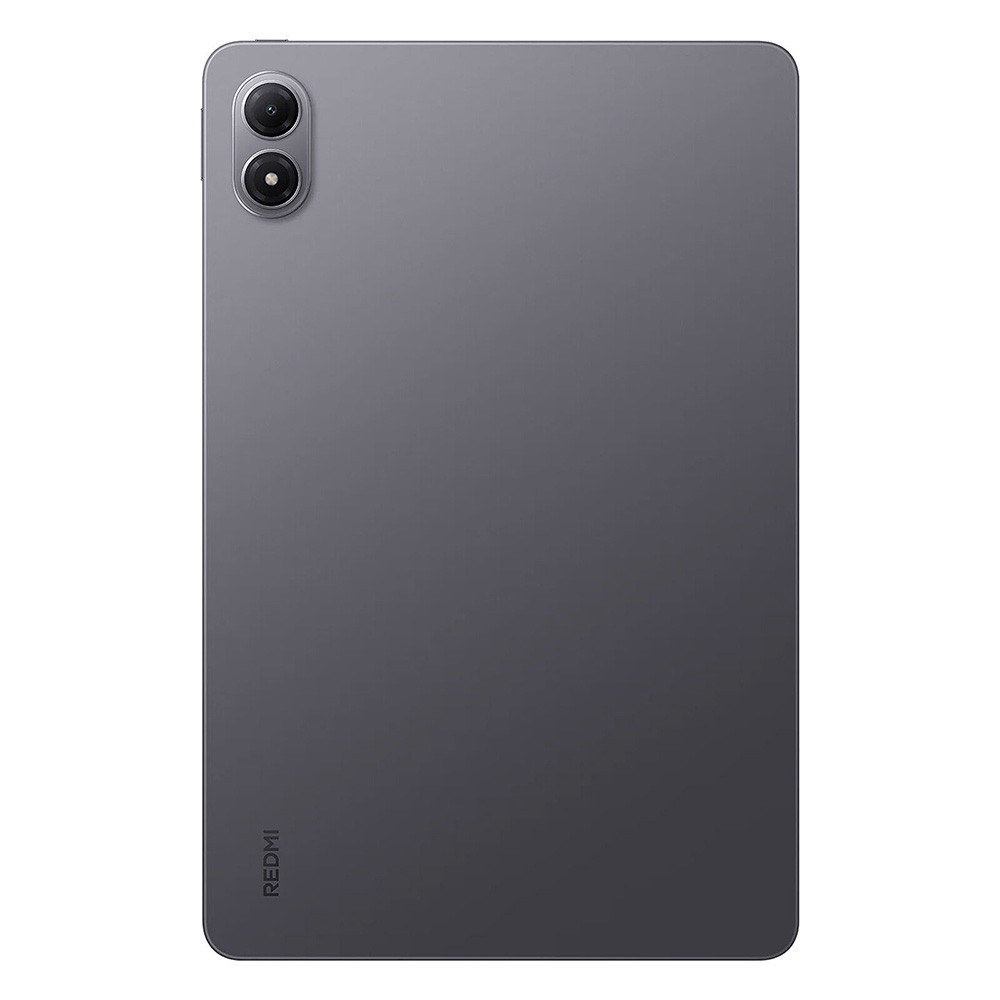 Retro di un tablet grigio con due fotocamere in alto a sinistra e il logo Redmi in basso.